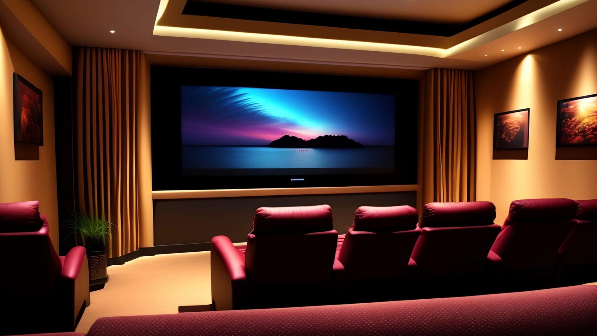 Dedicated home cinema room with a wide screen, tiered recliner seating and warm cove lighting, the kind of room we design and calibrate