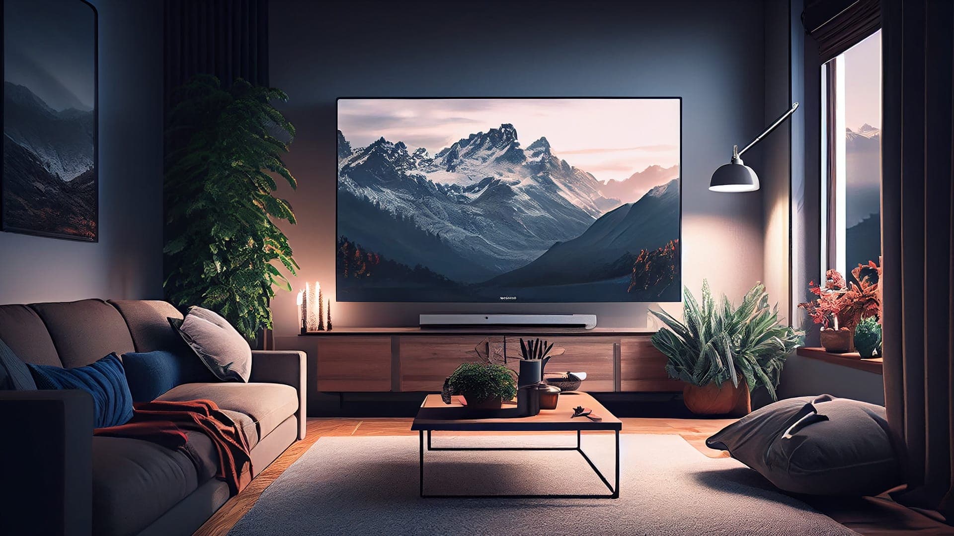 Television and soundbar on a timber media unit in a warmly lit living room, set up for streaming
