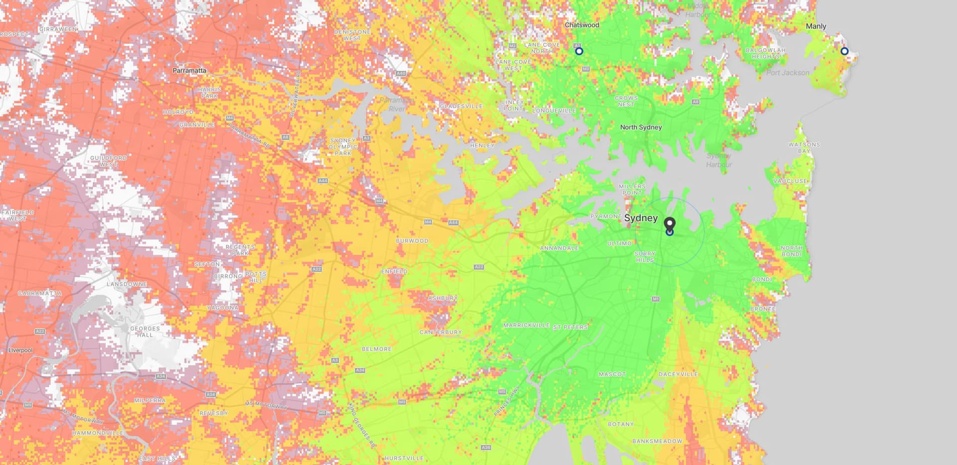 Free-to-air television reception coverage across Sydney, strong through the inner suburbs and the harbour and falling away west of Parramatta