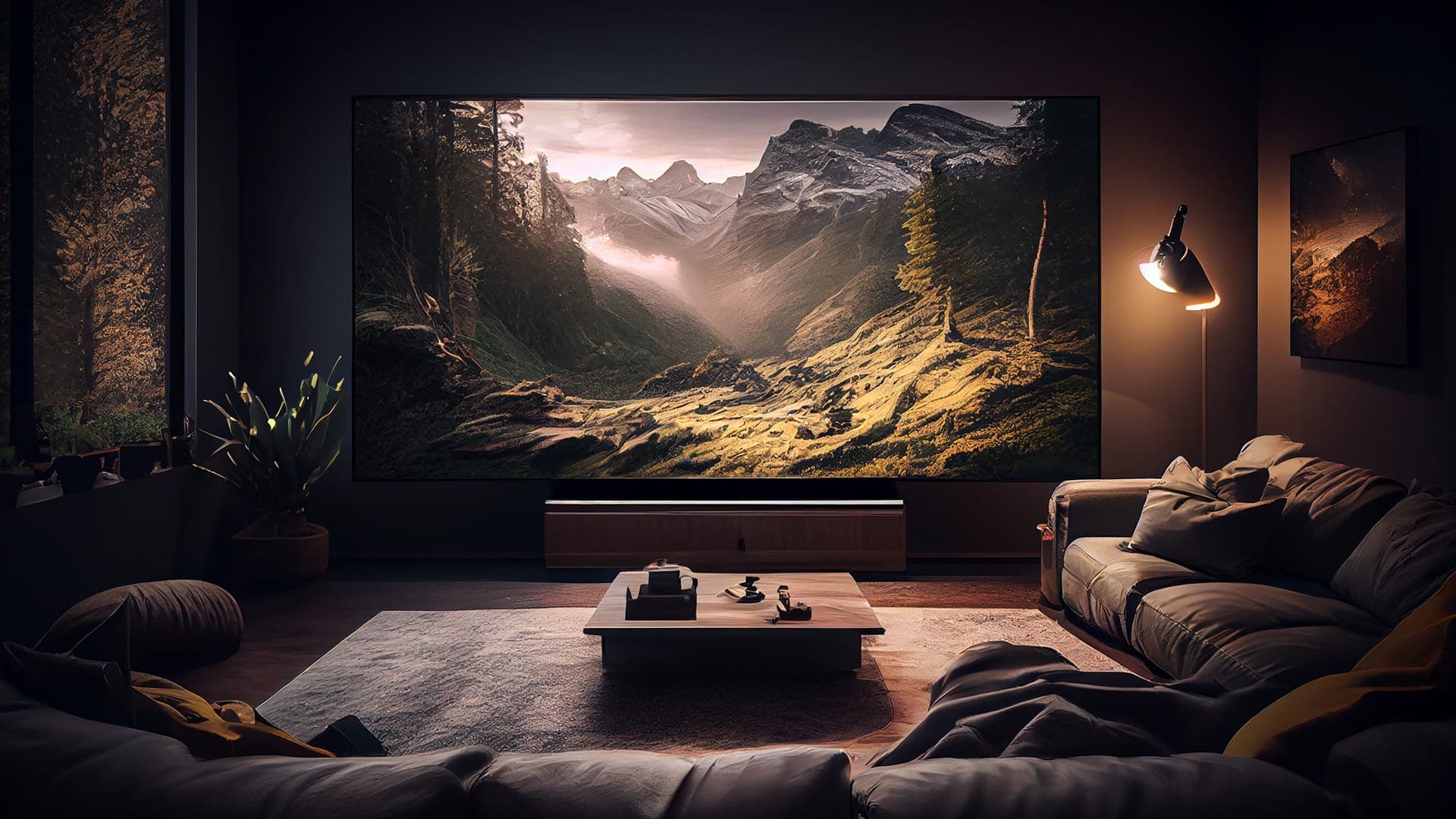 Large television wall mounted flush in a darkened living room with a soundbar on the cabinet below