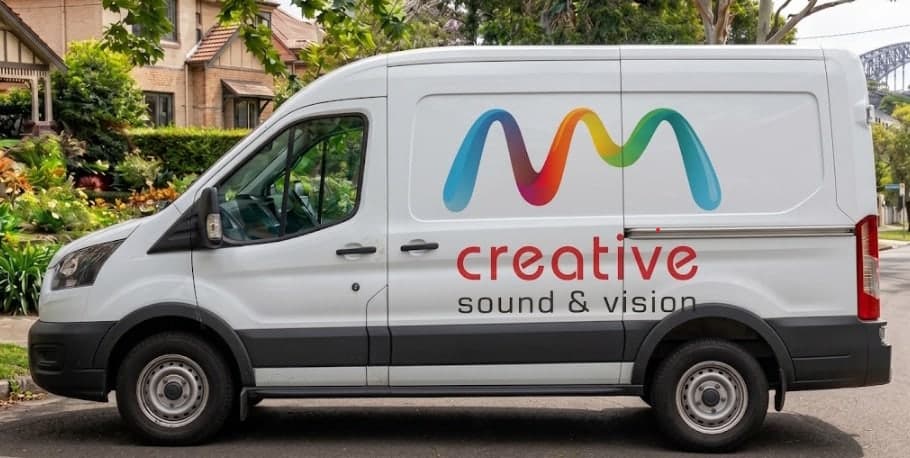Creative Sound & Vision branded service van on a tree-lined Sydney street