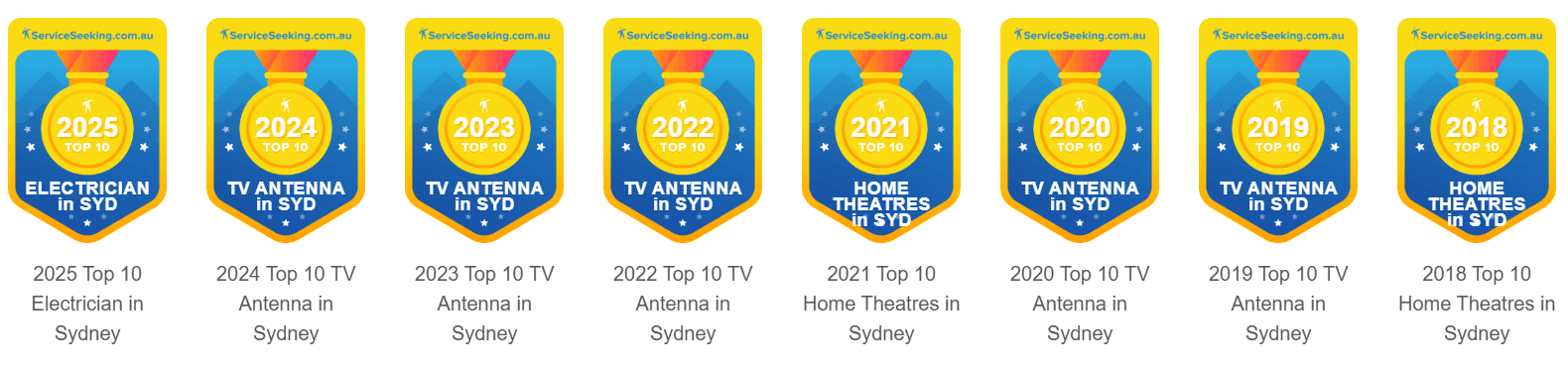 ServiceSeeking Top 10 award badges for Creative Sound & Vision: Electrician in Sydney 2025; TV Antenna in Sydney 2024, 2023, 2022, 2020 and 2019; Home Theatres in Sydney 2021 and 2018