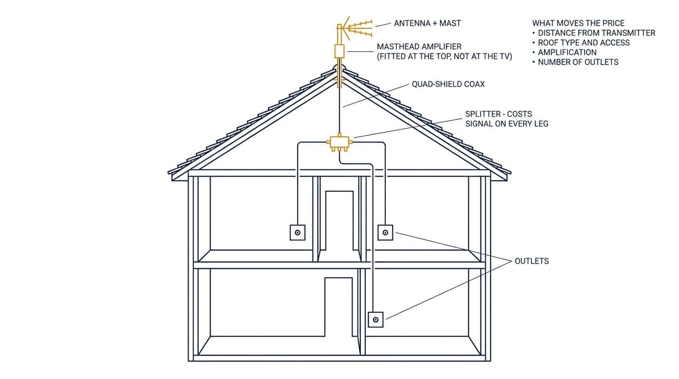 Cutaway diagram of a two-storey house showing a TV antenna and mast at the ridge, a masthead amplifier below it, quad-shield coax running down into the roof space, a splitter feeding three outlets, and the four factors that move the price
