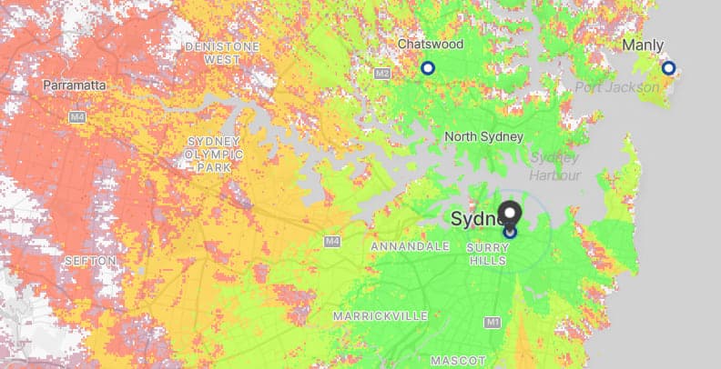 Free-to-air TV coverage map of Sydney, shaded green where the signal is strong through yellow and orange to red where it is weak: green through the city, Surry Hills and Manly, orange and red out towards Parramatta and Sefton