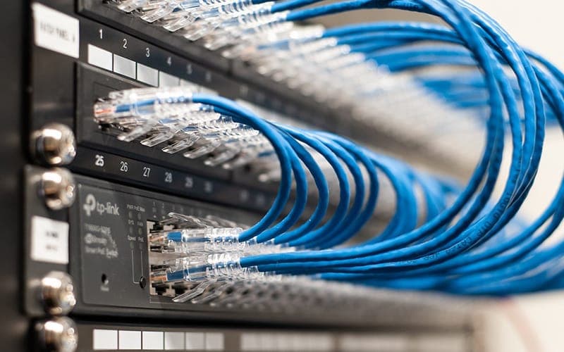 Network switch with blue Cat6 patch leads plugged into the front ports