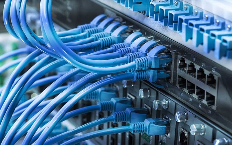 Patch panel and network switch with blue Cat6 patch leads looped between them