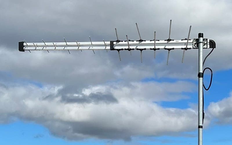 Close-up of a phased-array digital TV antenna with the coaxial downlead attached