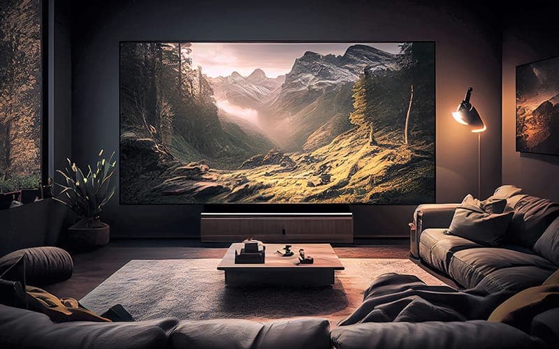 Home cinema lounge with a large screen, low-level seating and dark acoustic walls