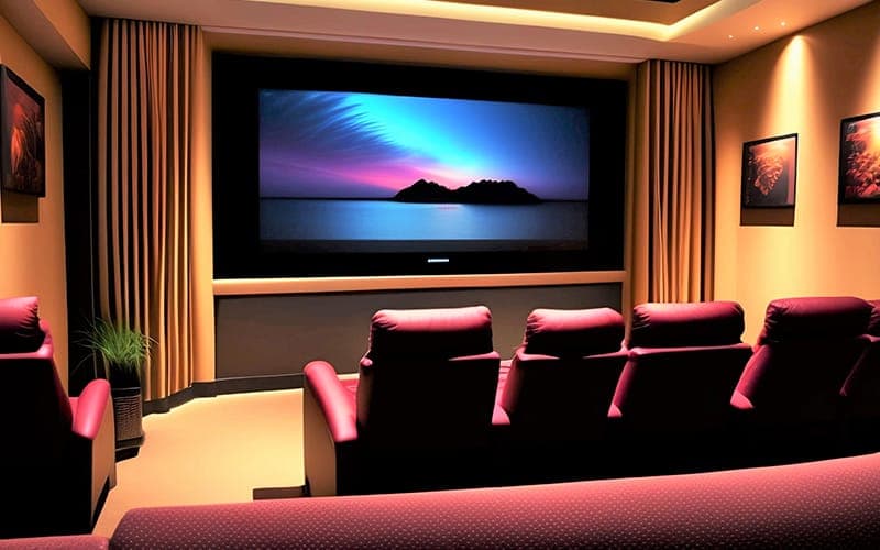 Home theatre room with a large screen, tiered red leather recliners and warm cove lighting
