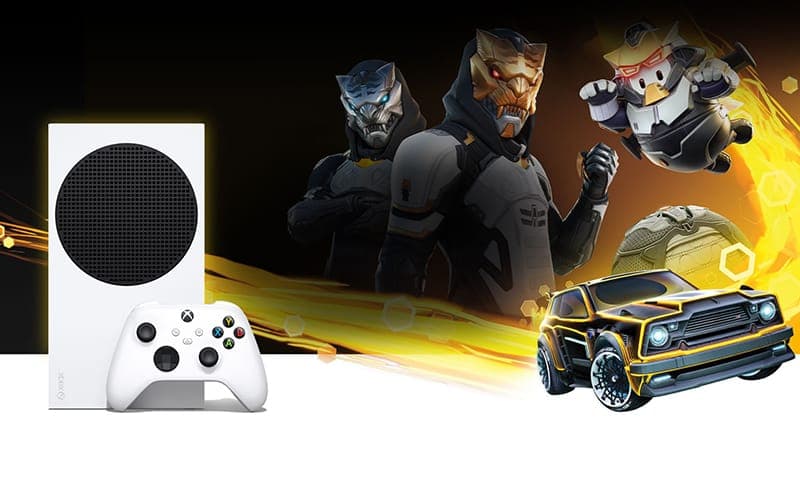 Xbox Series S console and controller with game artwork behind