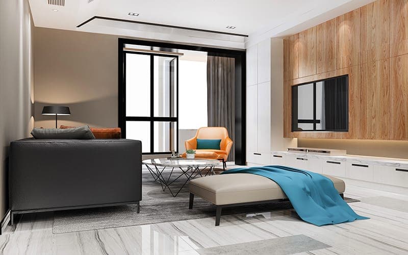 TV recessed into a timber-panelled feature wall in a modern bedroom