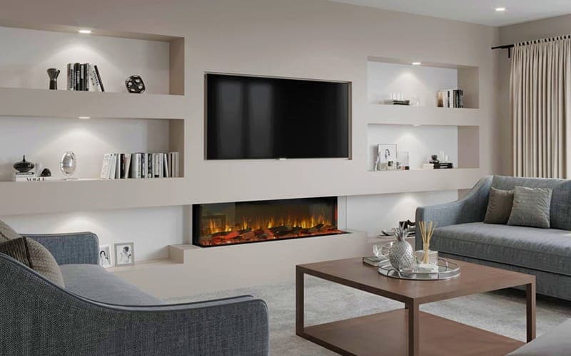 TV wall mounted in a niche above a linear electric fireplace with built-in shelving